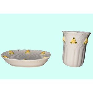 Jakson Japan Yellow Eyelet Rose Soap Dish & Tumbler Set Ceramic Floral Design
